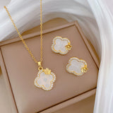 Gold-Plated Clover Zircon & Mother-of-Pearl Jewelry Set (Necklace & Earrings)