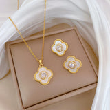 Gold-Plated Clover Zircon & Mother-of-Pearl Jewelry Set (Necklace & Earrings)