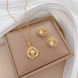 Gold-Plated Clover Pearl & Zircon Jewelry Set (Necklace & Earrings)