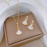 Gold-Plated Fan-Shaped Mother-of-Pearl & Zircon Jewelry Set (Necklace & Earrings)
