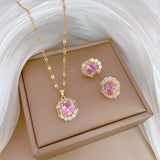 Gold-Plated Pink Oval Zircon Jewelry Set (Necklace & Earrings)