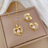 Gold-Plated Heart Baguette Zircon & Pearl Jewelry Set (Necklace & Earrings)