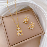 Gold-Plated Geometric Block Zircon Jewelry Set (Necklace & Earrings)