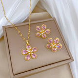 Gold-Plated Pink Floral Zircon Jewelry Set (Necklace & Earrings)