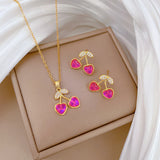 Gold-Plated Pink Cherry Zircon Jewelry Set (Necklace & Earrings)