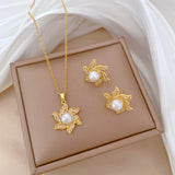 Gold-Plated Floral Pearl & Zircon Jewelry Set (Necklace & Earrings)