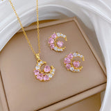 Gold-Plated Pink Heart Zircon Curved Jewelry Set (Necklace & Earrings)
