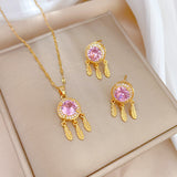 Gold-Plated Pink Zircon Dreamcatcher Jewelry Set (Necklace & Earrings)