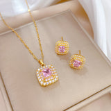 Gold-Plated Pink Zircon Square Jewelry Set (Necklace & Earrings)