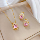 Gold-Plated Pink Zircon Bow Jewelry Set (Necklace & Earrings)