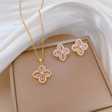 Gold-Plated Pink Zircon Clover Jewelry Set (Necklace & Earrings)