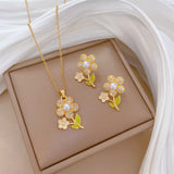 Gold-Plated Floral Pearl & Zircon Jewelry Set (Necklace & Earrings)