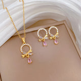 Gold-Plated Circular Bow & Pink Zircon Jewelry Set (Necklace & Earrings)