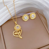 Gold-Plated Sunflower & Heart Zircon Jewelry Set (Necklace & Earrings)