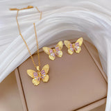 Gold-Plated Pink Zircon Butterfly Jewelry Set (Necklace & Earrings)