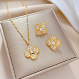 Gold-Plated Clover Zircon Jewelry Set (Necklace & Earrings)