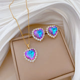 Gold-Plated Iridescent Heart Zircon Jewelry Set (Necklace & Earrings)
