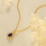 Titanium Steel Blue Teardrop Gem & Zircon Necklace