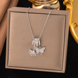 Titanium Steel Butterfly & Sunburst Zircon Necklace