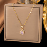 Titanium Steel Purple Teardrop Zircon Necklace