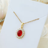 Titanium Steel Red Oval Gem & Zircon Necklace