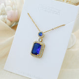 Titanium Steel Sapphire Rectangular Pendant Diamond-Accented Clavicle Necklace