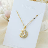 Titanium Steel Diamond-Accented Moon & Star Clavicle Necklace