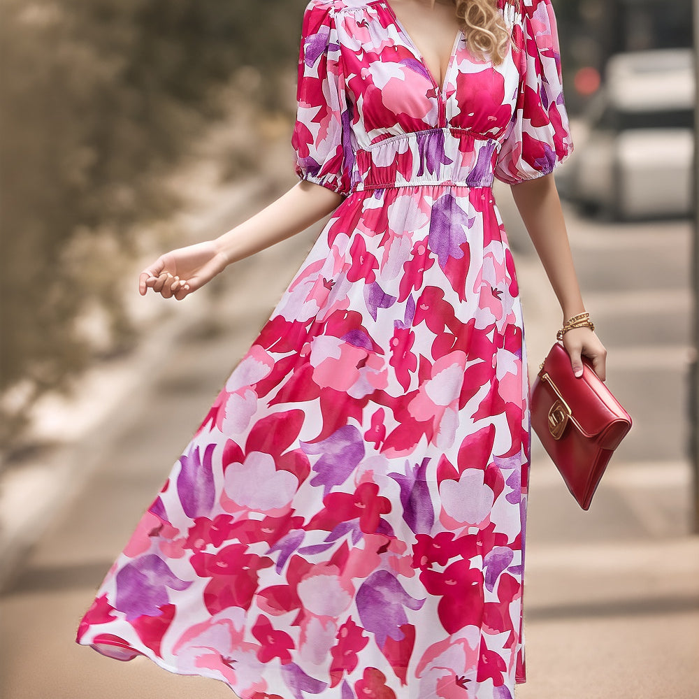 V-neck printed long dress