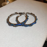 Blue Rhinestone Hoop Earrings (Silver Needles)