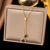 Titanium Steel Black Clover Tassel Necklace