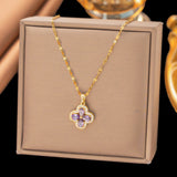 Titanium Steel Amethyst Clover Pendant Necklace