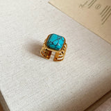 Turquoise Square Open Ring (18K Gold Plated, Stainless Steel)