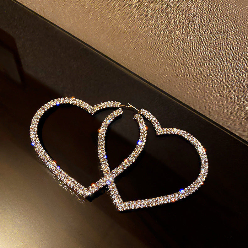 Rhinestone Heart Hoop Earrings (Gold & Silver, Silver Needles)